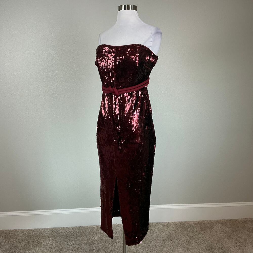 Badgley Mischka Red Cocktail Dress Sequined Strapless Belted Midi Sheath Size 16 - Picture 4 of 10